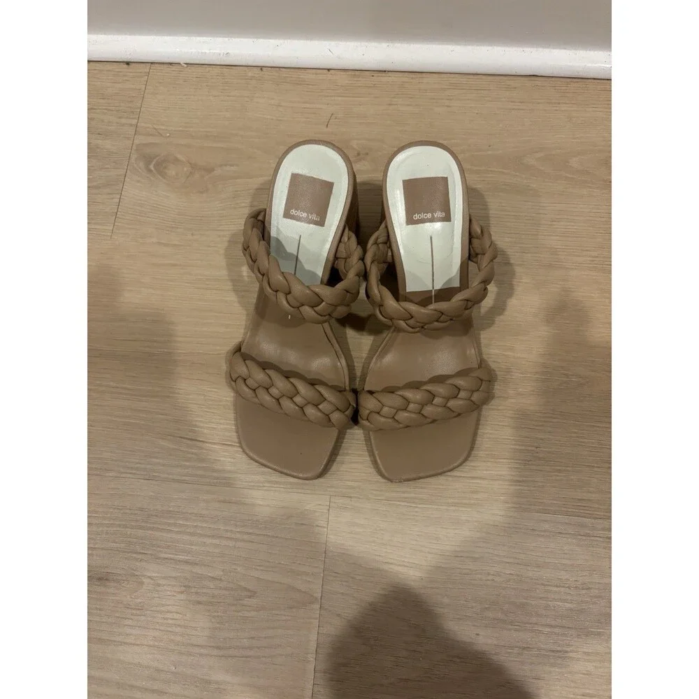 Dolce Vita Brown Leather Braided Strap Slip On Square Toe Mule Heels 6.5